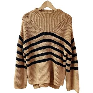 OLD NAVY Fisherman Nautical Striped Sweater Medium Tan Black Chunky Fall Cozy